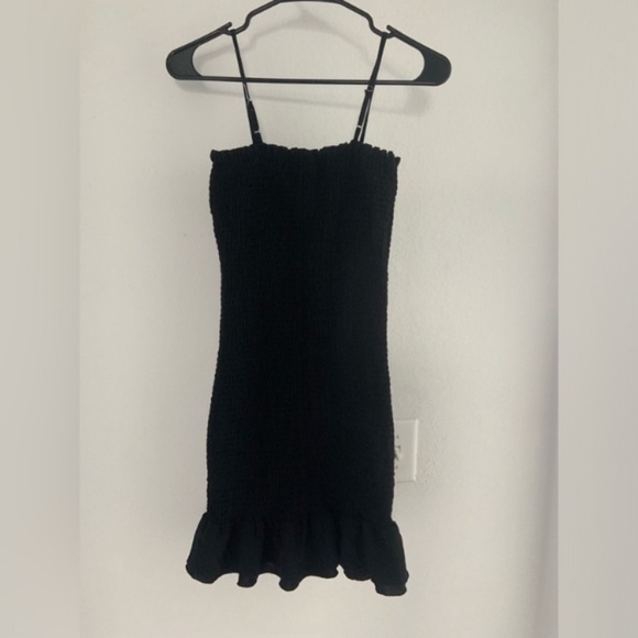 Rouched Fitted Ruffle Black Mini Dress women’s spaghetti strap - Picture 3 of 5